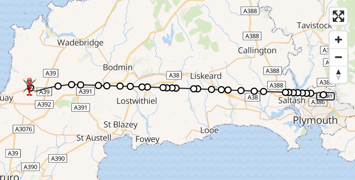 Flight route Air Ambulance Helicopter Derriford Hospital - Cornwall Airport Newquay, 13 May 2026, 13:28