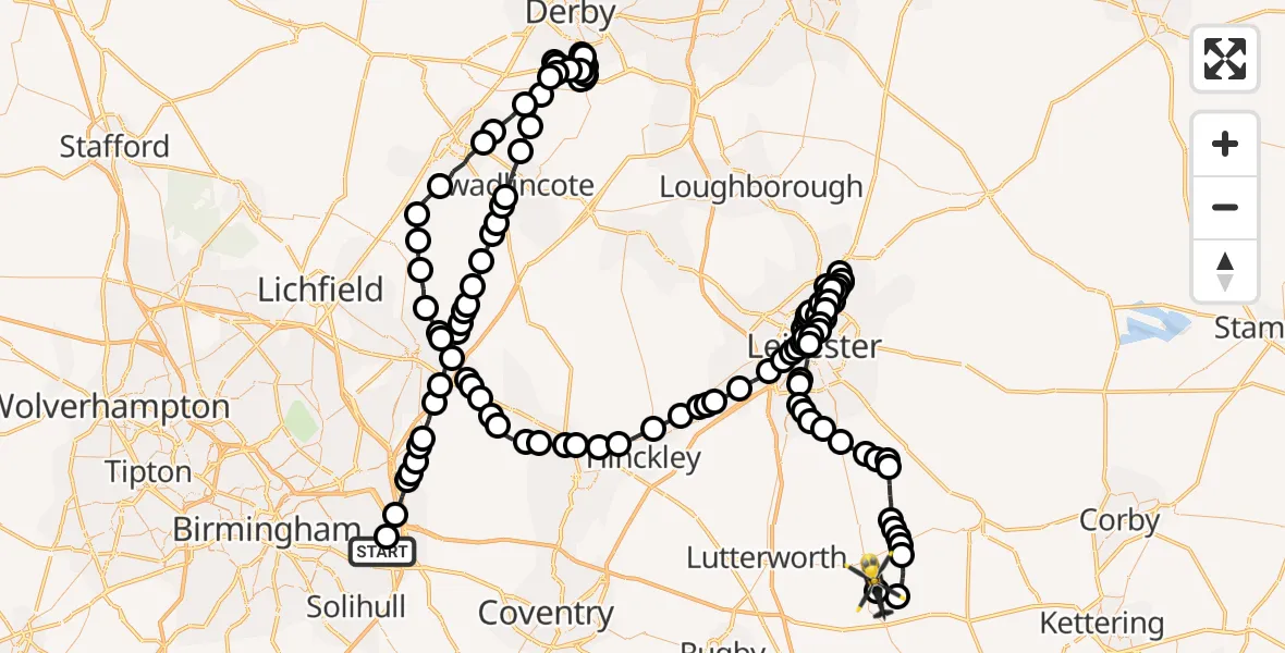 Flight route Police Helicopter Birmingham Airport - Harborough, 13 May 2026, 13:30