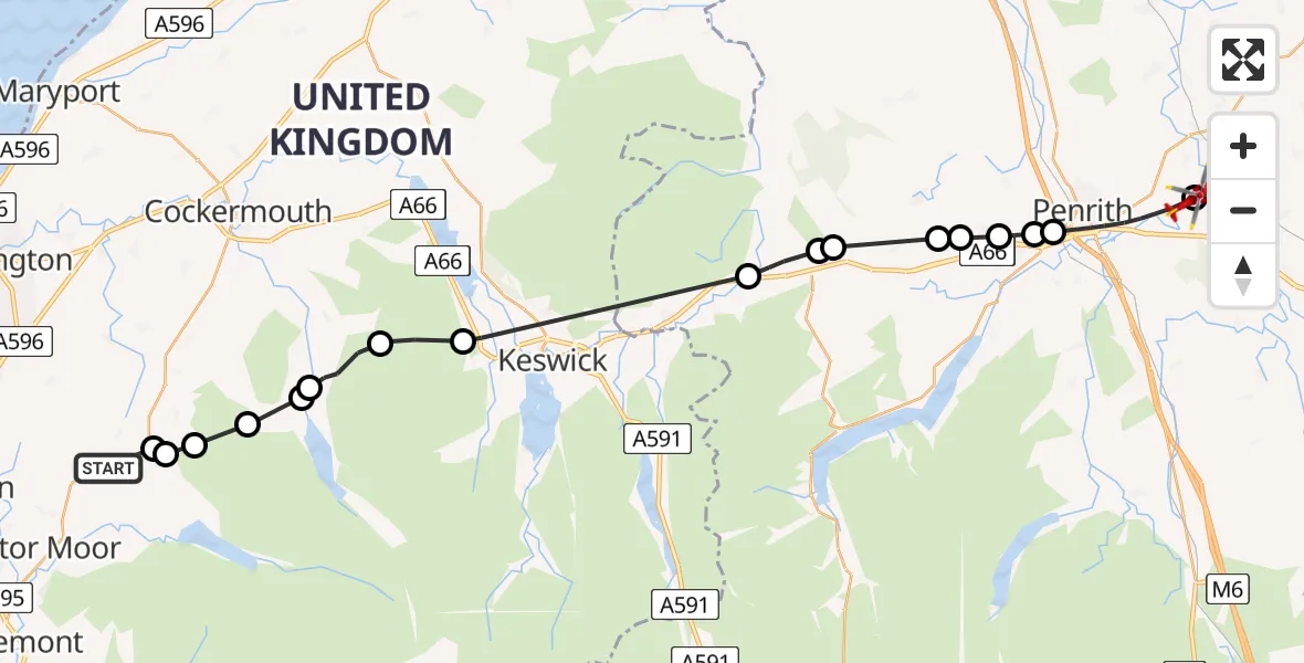 Flight route Air Ambulance Helicopter Kirkland - Edenhall, 13 May 2026, 13:33