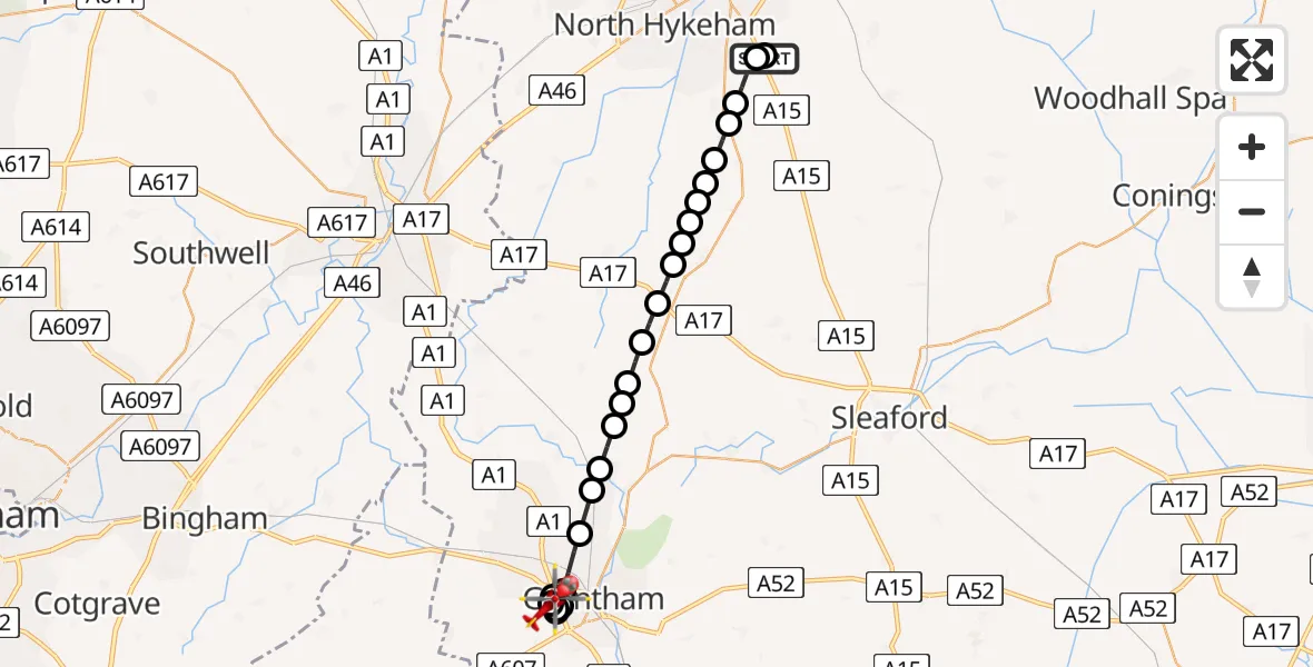 Flight route Air Ambulance Helicopter RAF Waddington - Grantham, 13 May 2026, 14:00