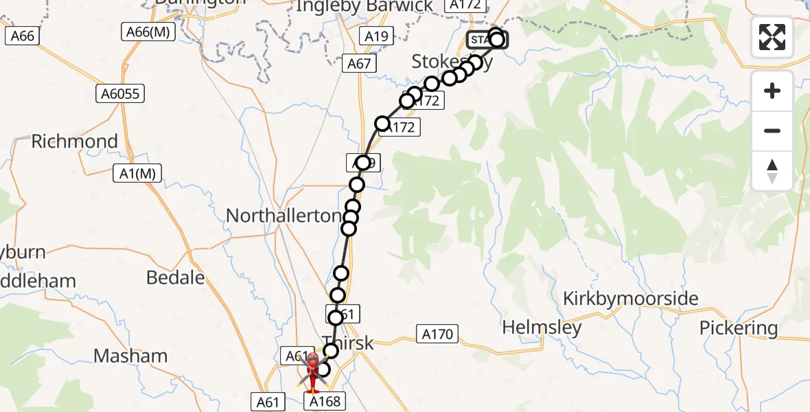 Flight route Air Ambulance Helicopter Great Ayton - RAF Topcliffe, 13 May 2026, 14:02