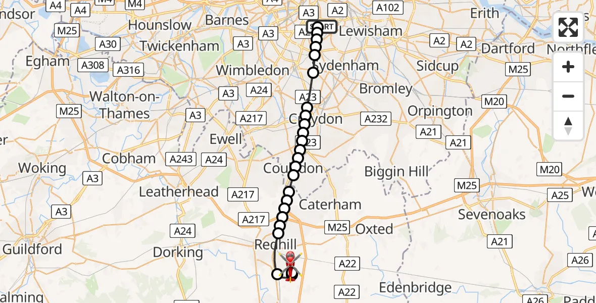 Flight route Air Ambulance Helicopter Kings College London Hospital - Redhill Aerodrome, 13 May 2026, 14:07