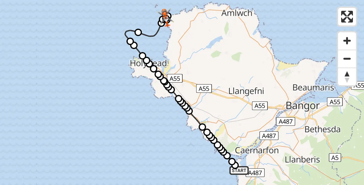 Flight route Coastguard Helicopter Caernarfon Airport - Llanfaethlu, 13 May 2026, 14:14