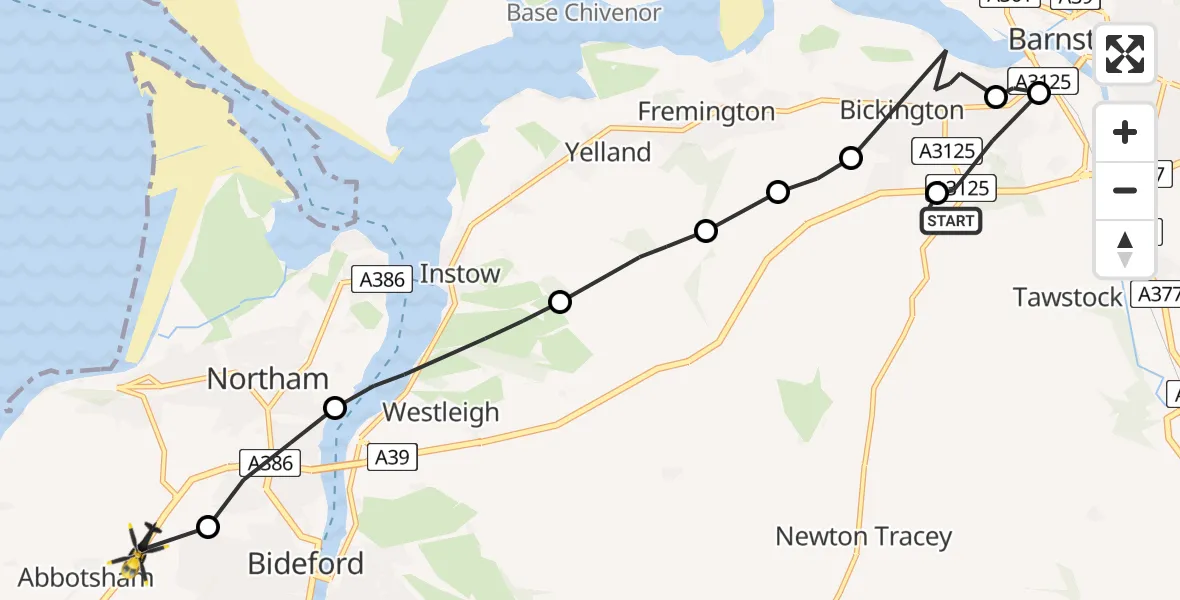 Flight route Police Helicopter Eastacombe - Bideford, 13 May 2026, 14:14