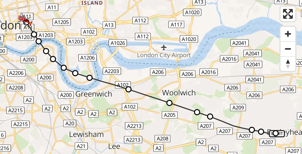 Flight route Air Ambulance Helicopter Bexleyheath - Royal London Hospital, 13 May 2026, 14:15