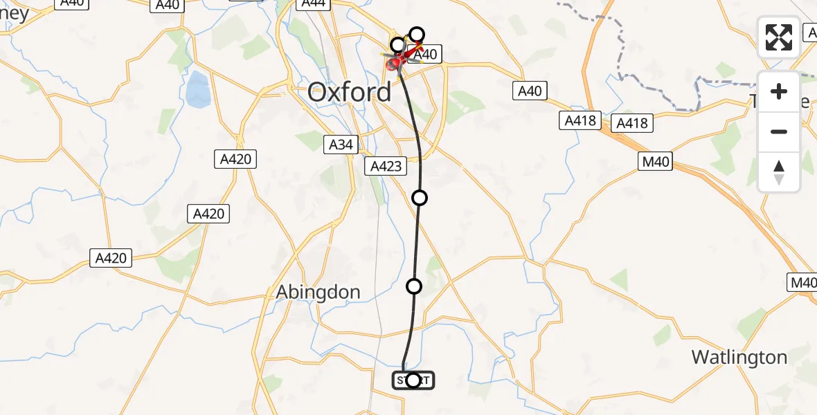 Flight route Air Ambulance Helicopter Long Wittenham - Oxford, 13 May 2026, 14:20
