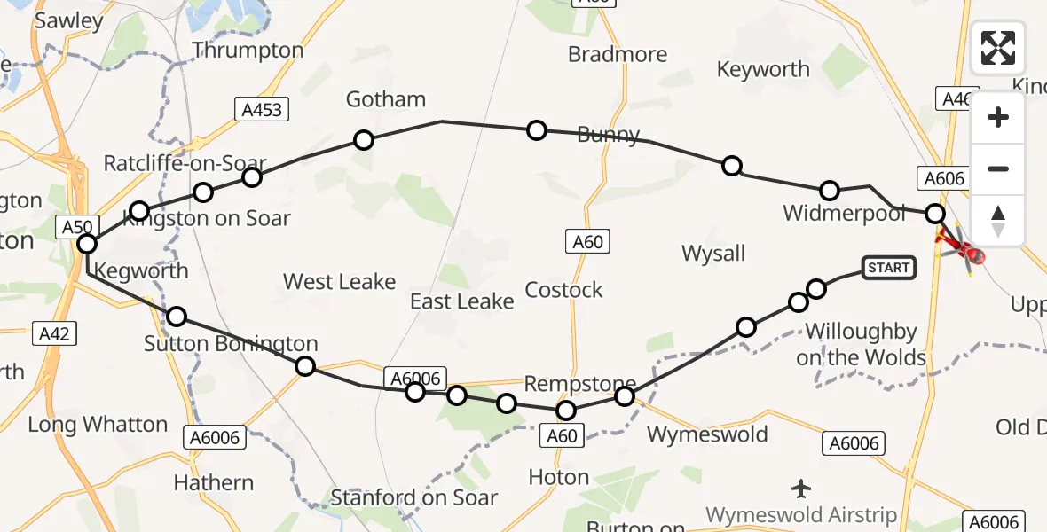 Flight route Air Ambulance Helicopter Widmerpool - Nottingham Heliport, 13 May 2026, 14:38