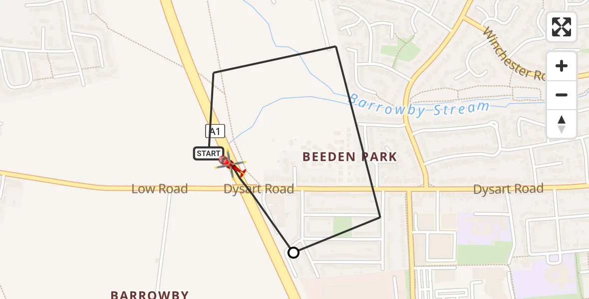 Flight route Air Ambulance Helicopter Grantham - Barrowby, 13 May 2026, 14:41