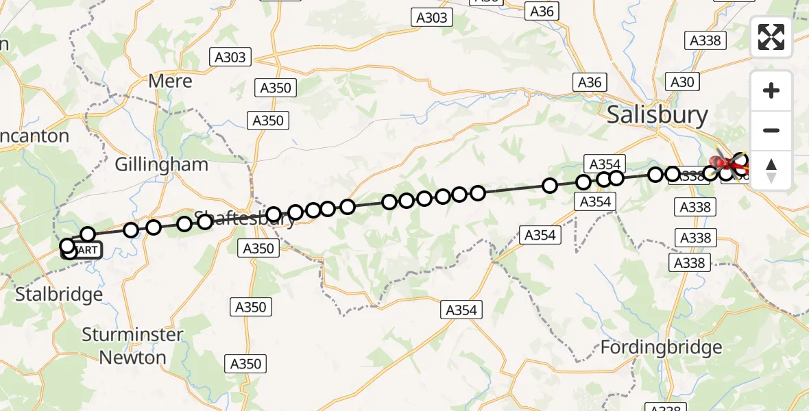 Flight route Air Ambulance Helicopter Henstridge Airfield - Whaddon, 13 May 2026, 14:45