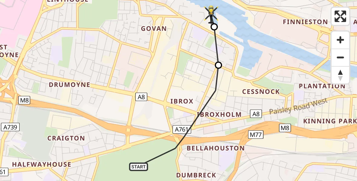 Flight route Police Helicopter Glasgow - Glasgow City Heliport, 13 May 2026, 14:47