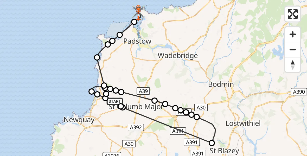 Flight route Coastguard Helicopter Cornwall Airport Newquay - New Polzeath, 13 May 2026, 15:01