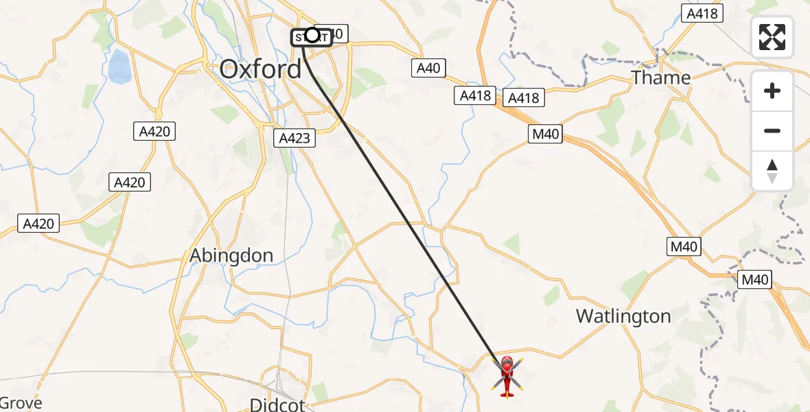 Flight route Air Ambulance Helicopter John Radcliffe Hospital - RAF Benson, 13 May 2026, 15:10