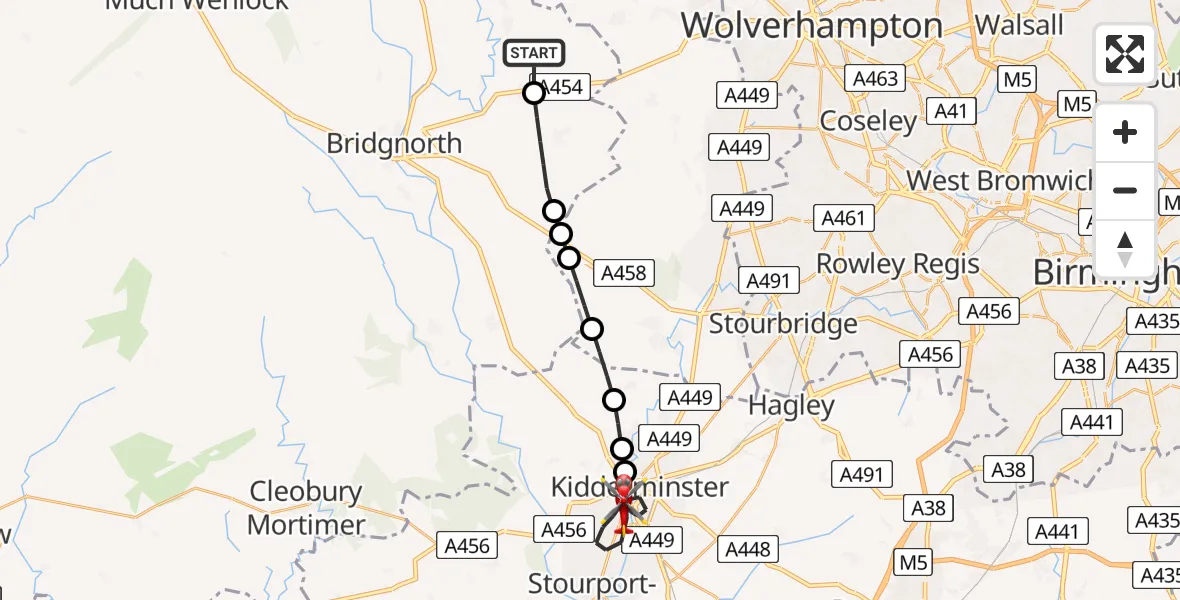 Flight route Air Ambulance Helicopter Ackleton - Kidderminster, 13 May 2026, 15:21