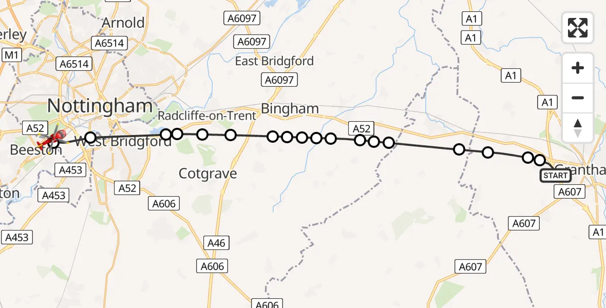 Flight route Air Ambulance Helicopter Grantham - Beeston, 13 May 2026, 15:24