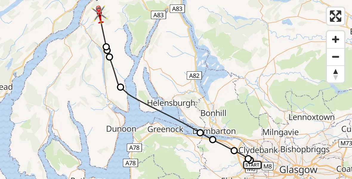 Flight route Air Ambulance Helicopter Glasgow Airport - Inveraray, 13 May 2026, 15:33
