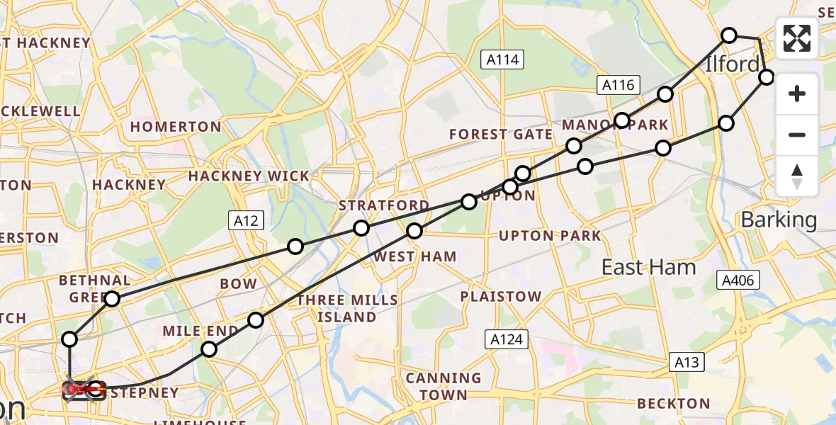 Flight route Air Ambulance Helicopter Royal London Hospital - Royal London Hospital, 13 May 2026, 15:37