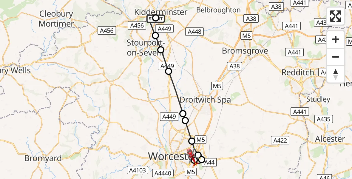 Flight route Air Ambulance Helicopter Kidderminster - Worcester, 13 May 2026, 15:47