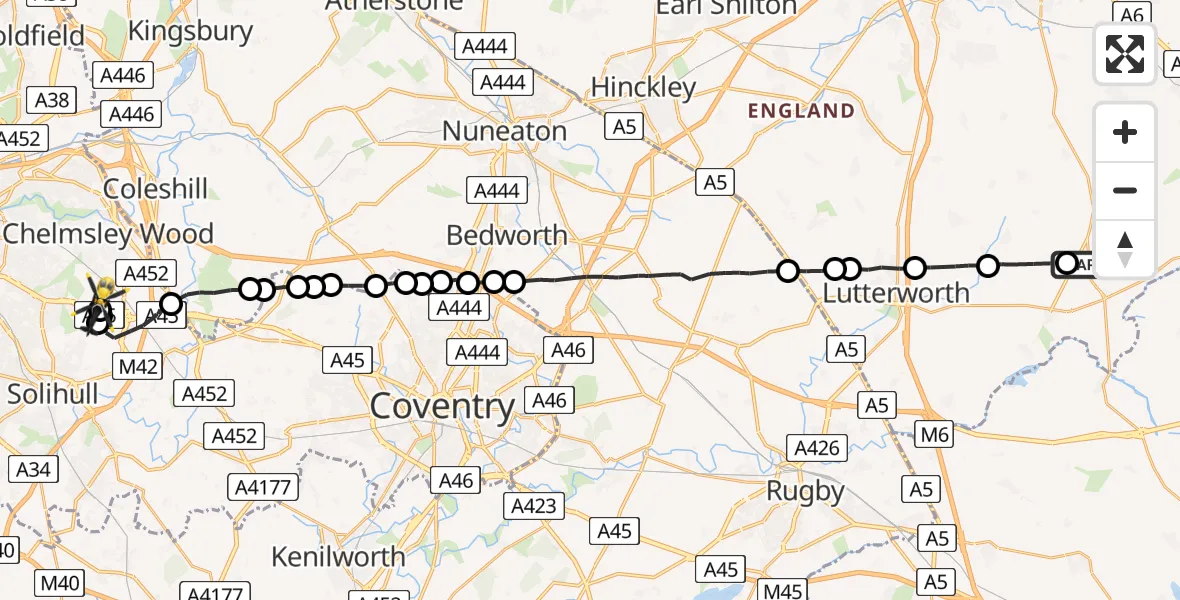 Flight route Police Helicopter North Kilworth - Birmingham Airport, 13 May 2026, 16:03