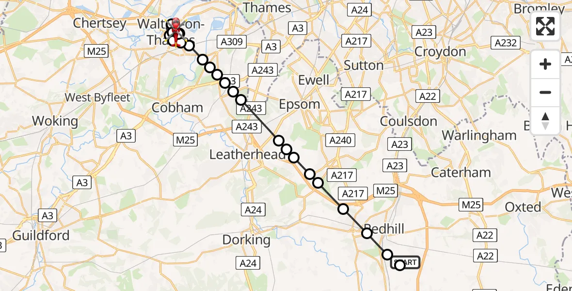 Flight route Air Ambulance Helicopter Redhill Aerodrome - Elmbridge, 13 May 2026, 16:08