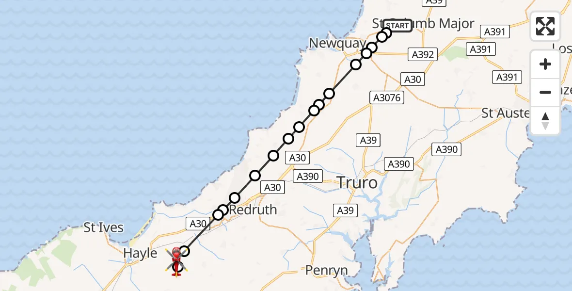 Flight route Air Ambulance Helicopter Cornwall Airport Newquay - Leedstown, 13 May 2026, 16:16