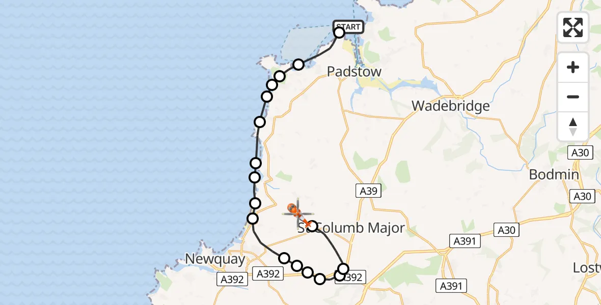 Flight route Coastguard Helicopter New Polzeath - Cornwall Airport Newquay, 13 May 2026, 16:18