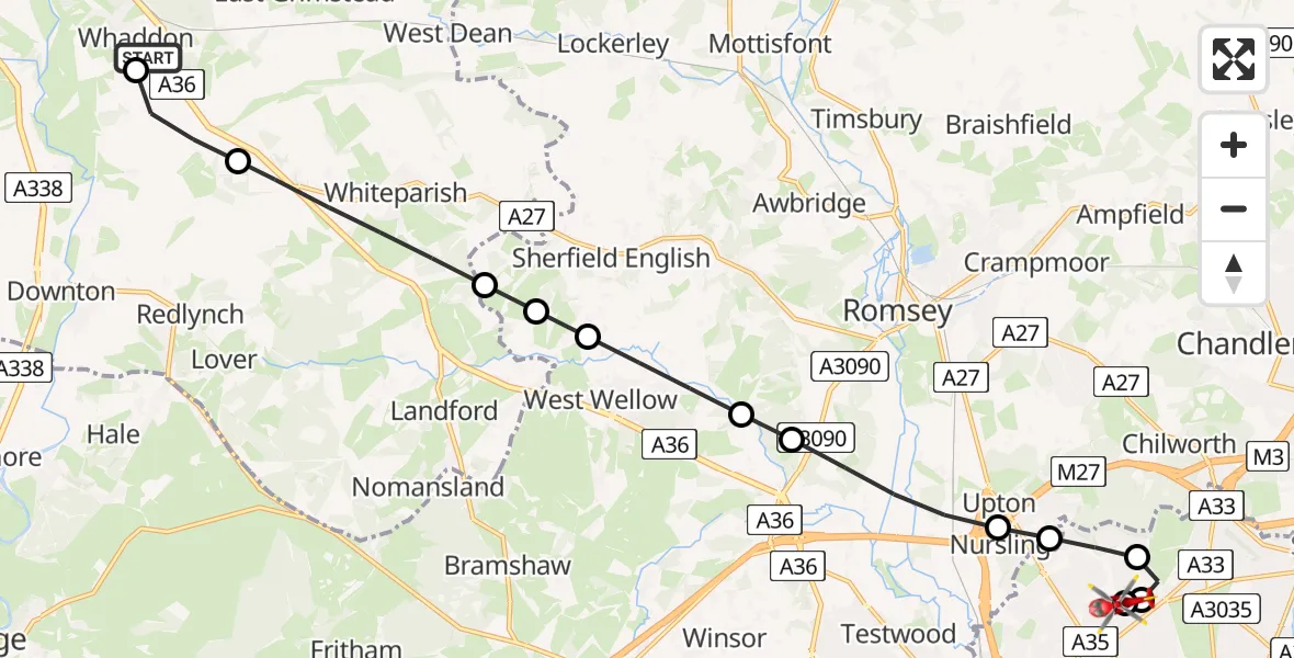Flight route Air Ambulance Helicopter Whaddon - University Hospital Southampton, 13 May 2026, 16:19