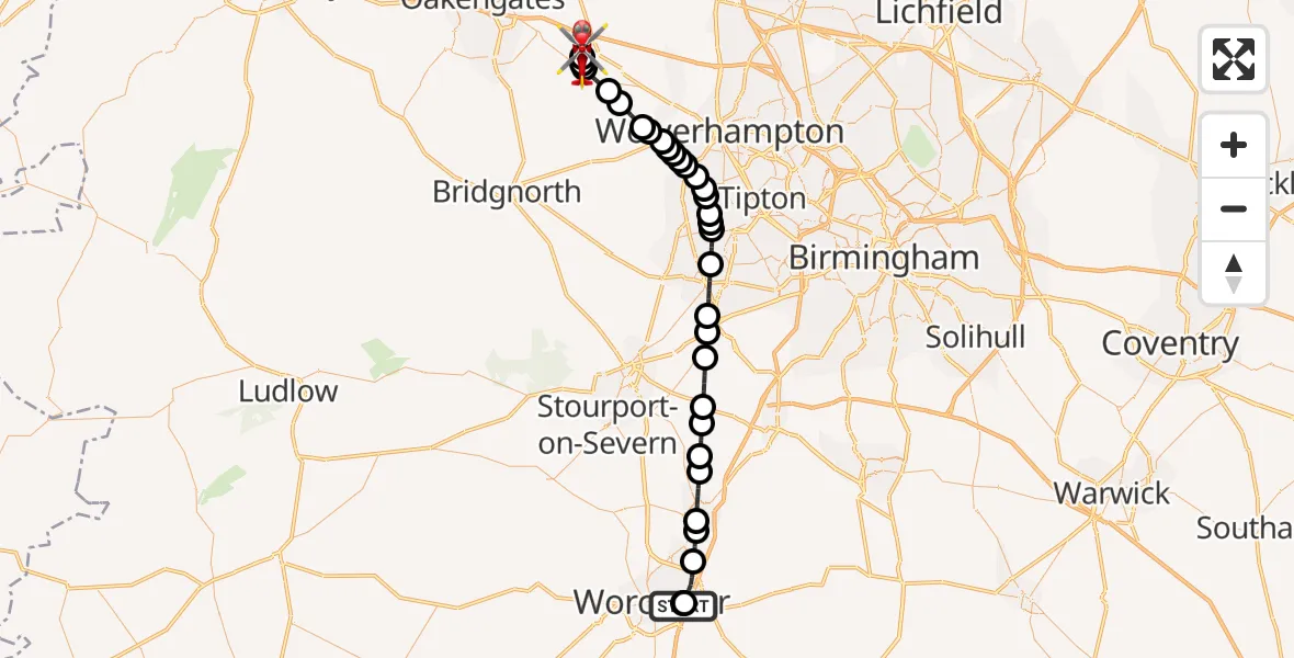 Flight route Air Ambulance Helicopter Worcester Royal Hospital - Tong, 13 May 2026, 16:43