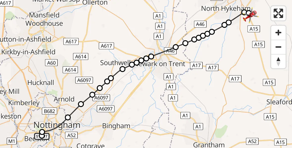 Flight route Air Ambulance Helicopter City of Nottingham - North Kesteven, 13 May 2026, 16:48