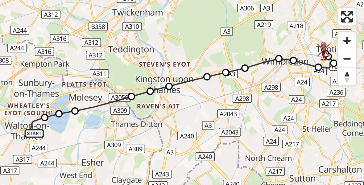 Flight route Air Ambulance Helicopter Elmbridge - St Georges Hospital, 13 May 2026, 16:54