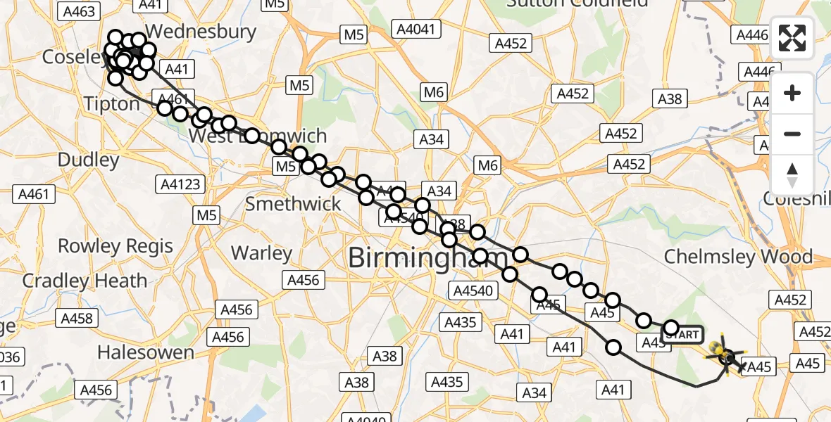 Flight route Police Helicopter Sheldon - Birmingham Airport, 13 May 2026, 16:57