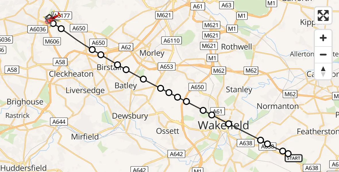 Flight route Air Ambulance Helicopter YAA Nostell Helicopter Port - West Bowling, 13 May 2026, 17:00