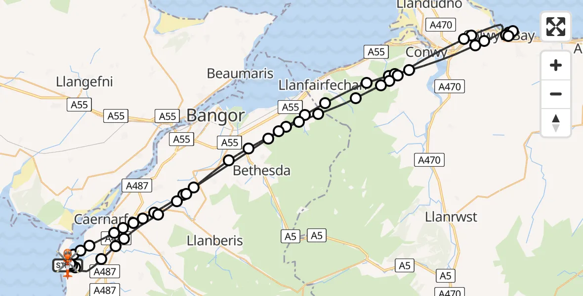 Flight route Coastguard Helicopter Caernarfon Airport - Caernarfon Airport, 13 May 2026, 17:14