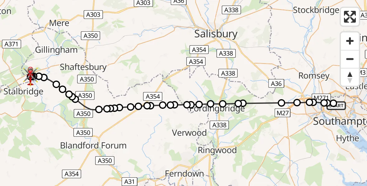 Flight route Air Ambulance Helicopter University Hospital Southampton - Henstridge Airfield, 13 May 2026, 17:15