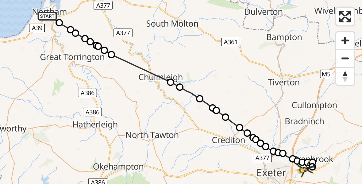 Flight route Police Helicopter Northam - Exeter International Airport, 13 May 2026, 17:16