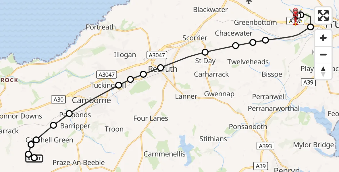 Flight route Air Ambulance Helicopter Carnhell Green - Treliske Hospital, 13 May 2026, 17:23