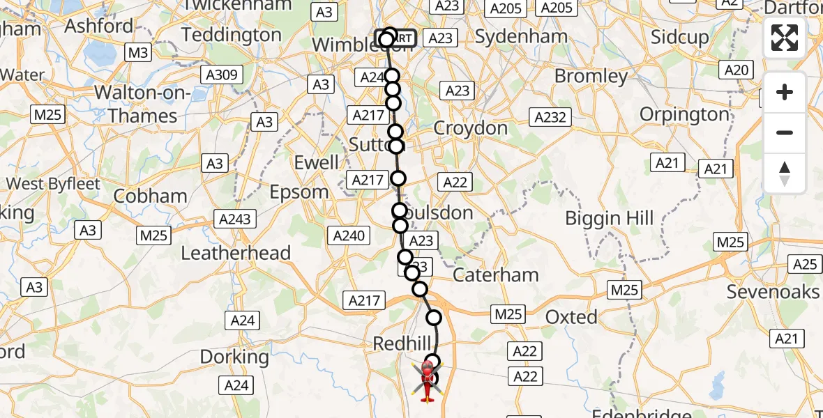 Flight route Air Ambulance Helicopter St Georges Hospital - Redhill Aerodrome, 13 May 2026, 17:34