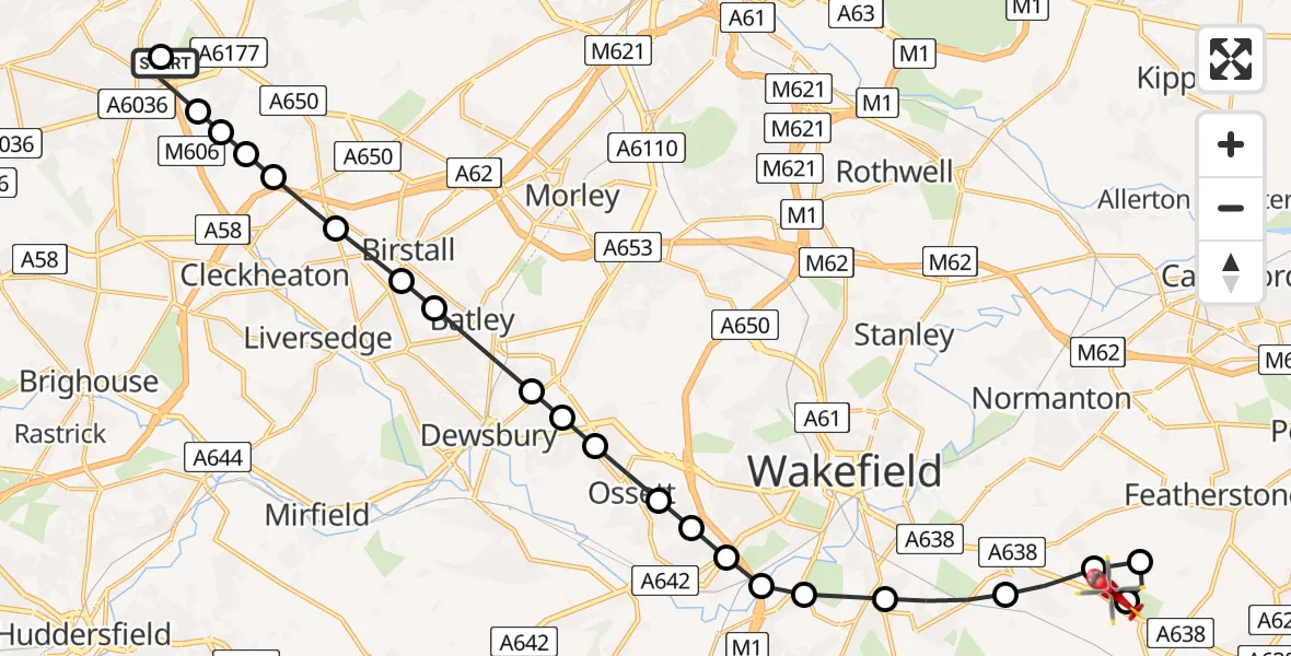 Flight route Air Ambulance Helicopter West Bowling - YAA Nostell Helicopter Port, 13 May 2026, 17:45