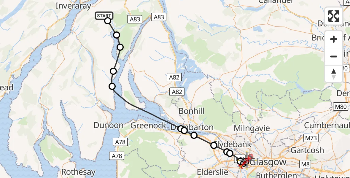 Flight route Air Ambulance Helicopter Argyll and Bute - Queen Elizabeth Hospital, 13 May 2026, 17:48