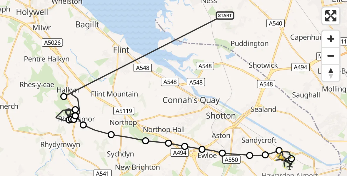 Flight route Police Helicopter Neston - Hawarden Airport, 13 May 2026, 17:56
