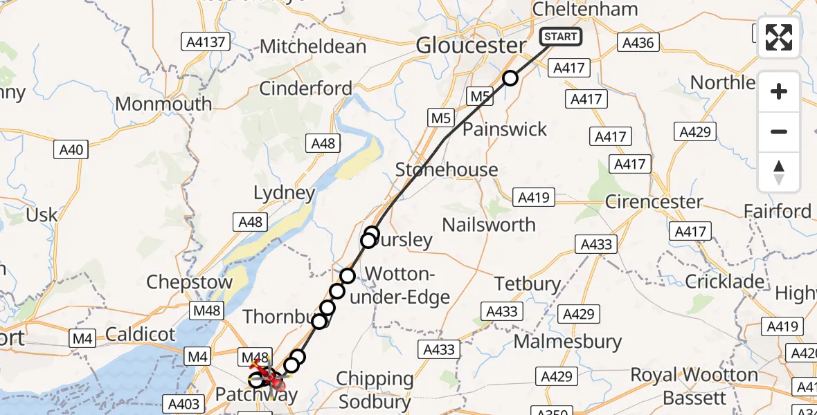 Flight route Air Ambulance Helicopter Tewkesbury - Almondsbury Helicopter Base, 13 May 2026, 18:10