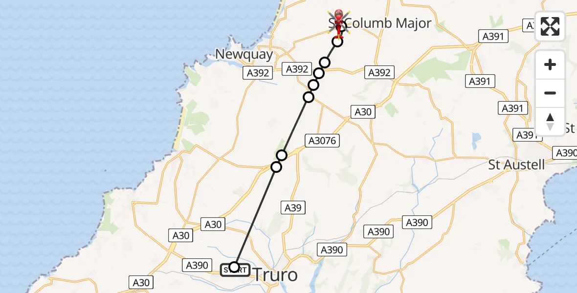 Flight route Air Ambulance Helicopter Treliske Hospital - Cornwall Airport Newquay, 13 May 2026, 18:10