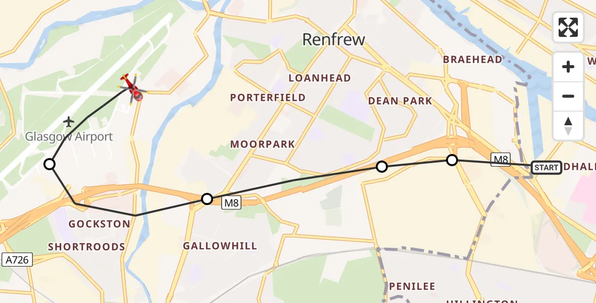 Flight route Air Ambulance Helicopter Glasgow - Glasgow Airport, 13 May 2026, 18:15