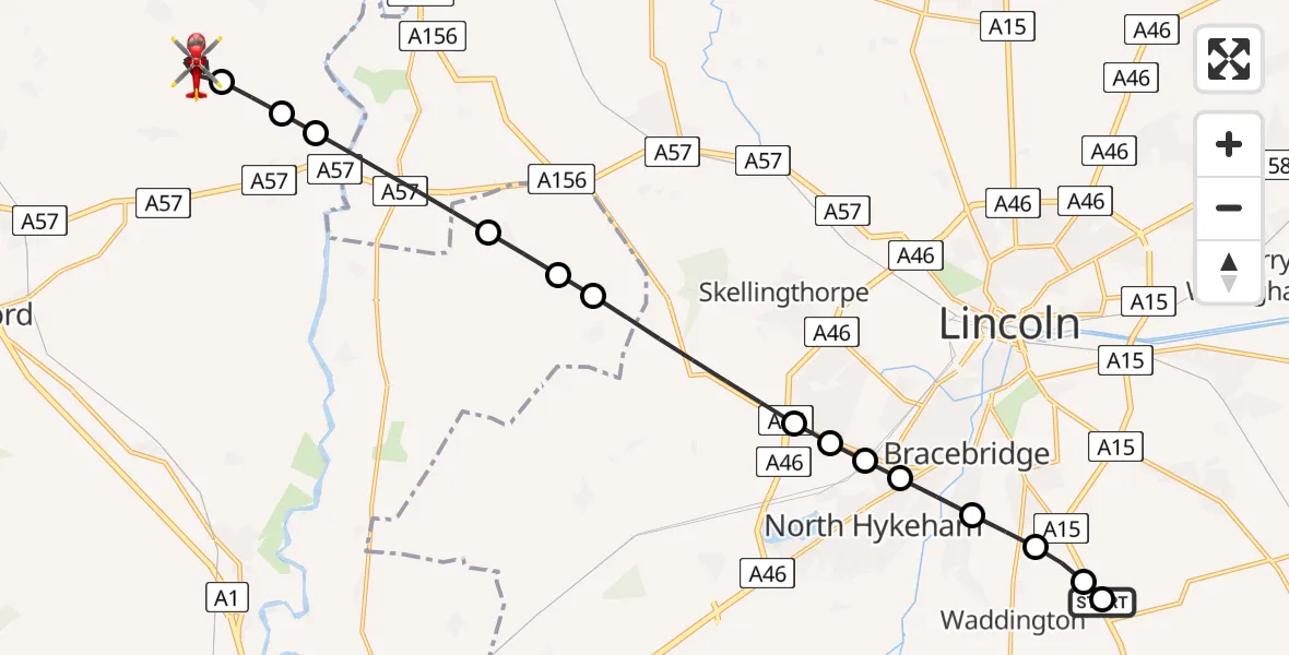 Flight route Air Ambulance Helicopter RAF Waddington - Stokeham, 13 May 2026, 18:14