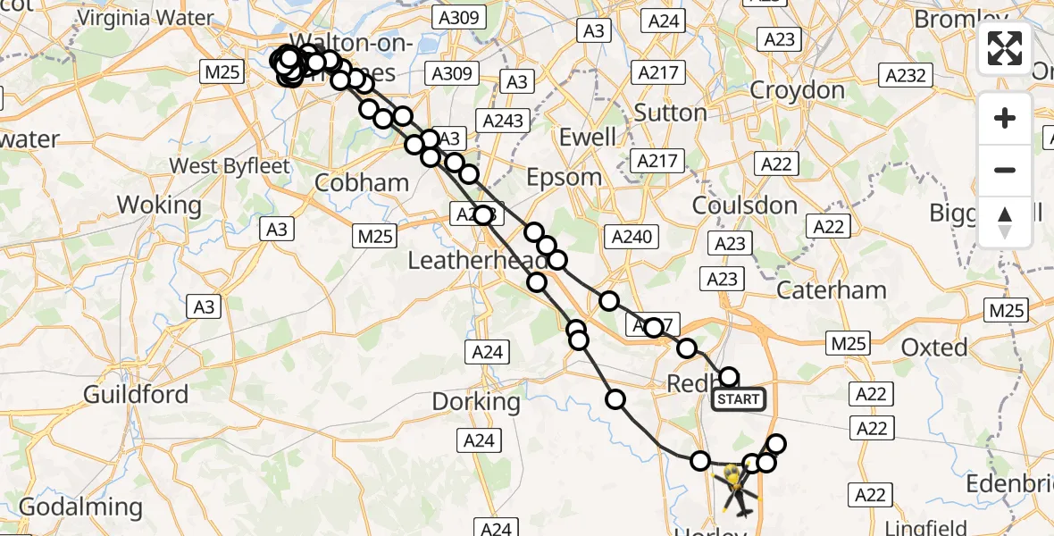Flight route Police Helicopter South Nutfield - Horley, 13 May 2026, 18:39