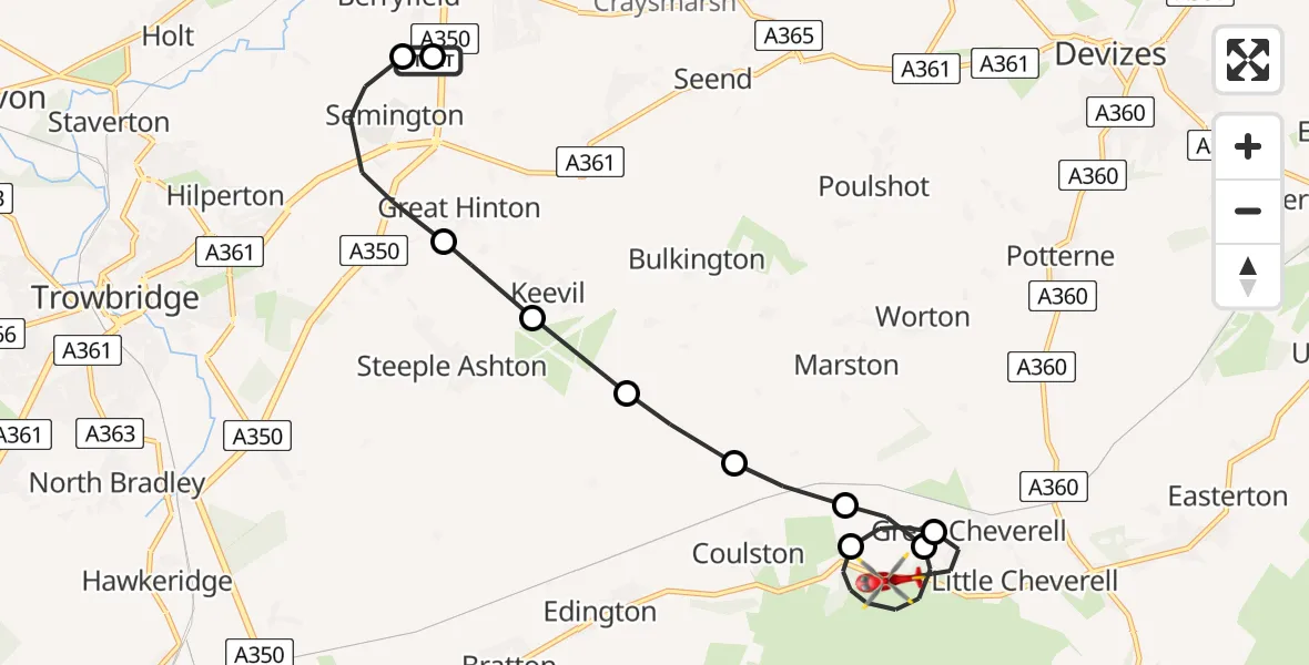 Flight route Air Ambulance Helicopter Wiltshire Air Ambulance - Great Cheverell, 13 May 2026, 18:46