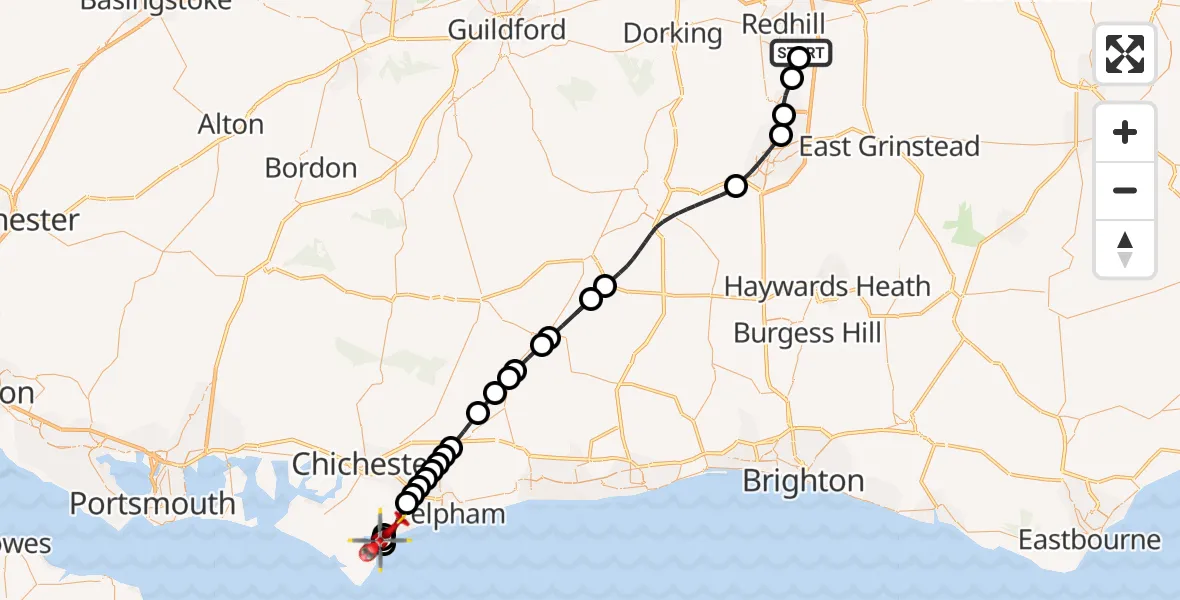 Flight route Air Ambulance Helicopter Redhill Aerodrome - Pagham, 13 May 2026, 18:52