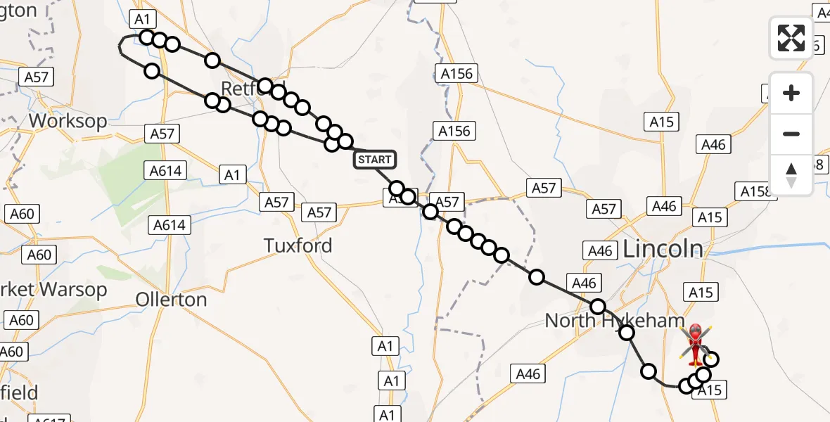 Flight route Air Ambulance Helicopter Stokeham - North Kesteven, 13 May 2026, 18:59