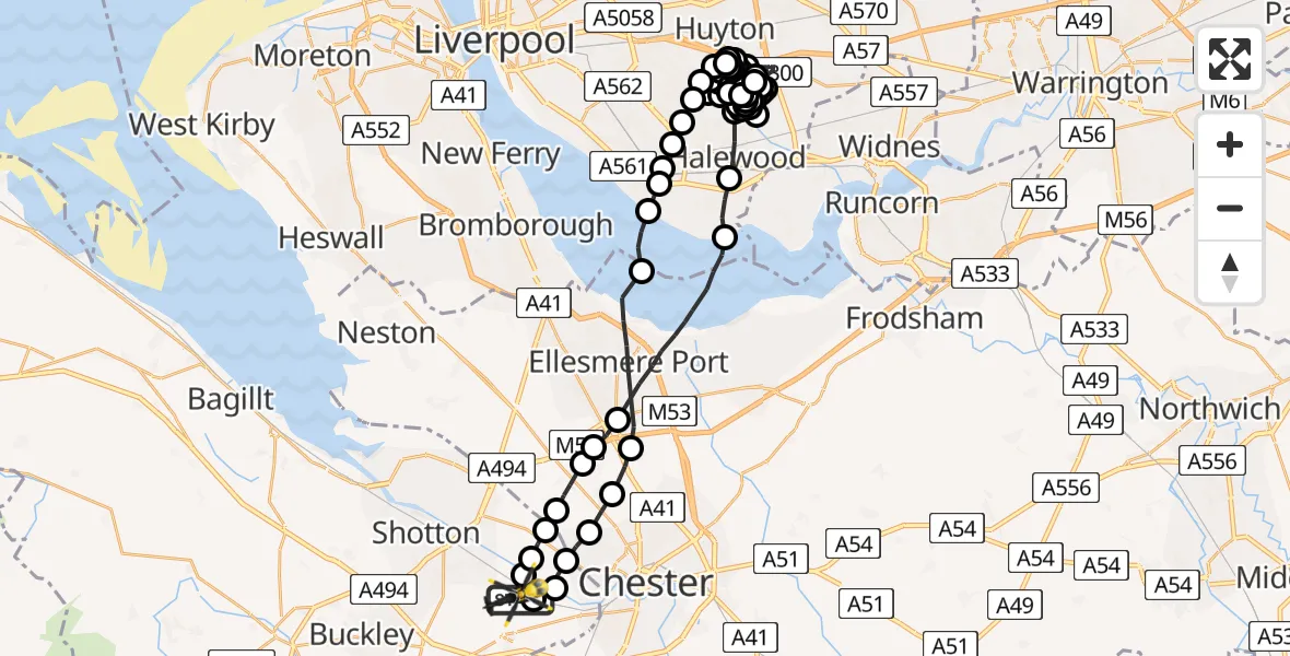 Flight route Police Helicopter Hawarden Airport - Hawarden Airport, 13 May 2026, 19:04