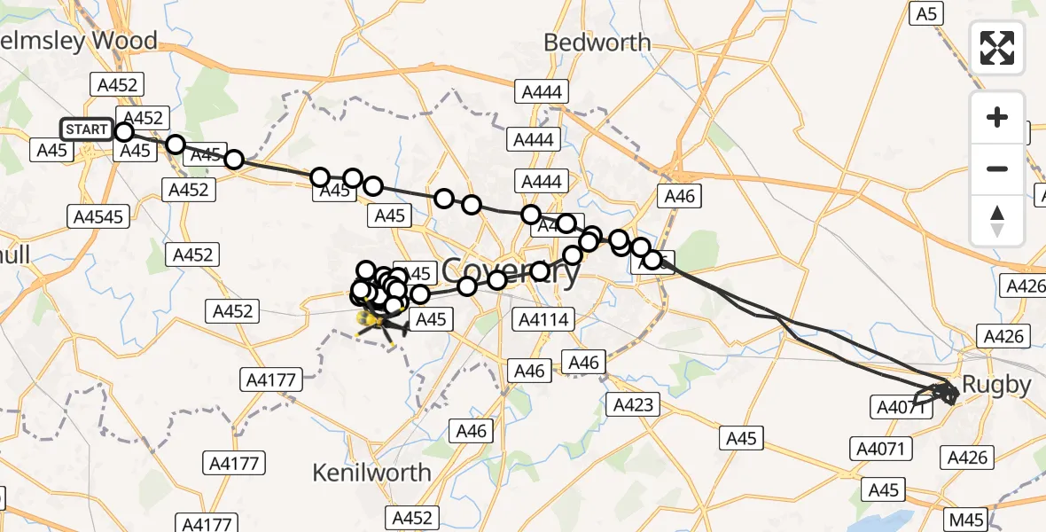 Flight route Police Helicopter Birmingham Airport - Canley, 13 May 2026, 19:23