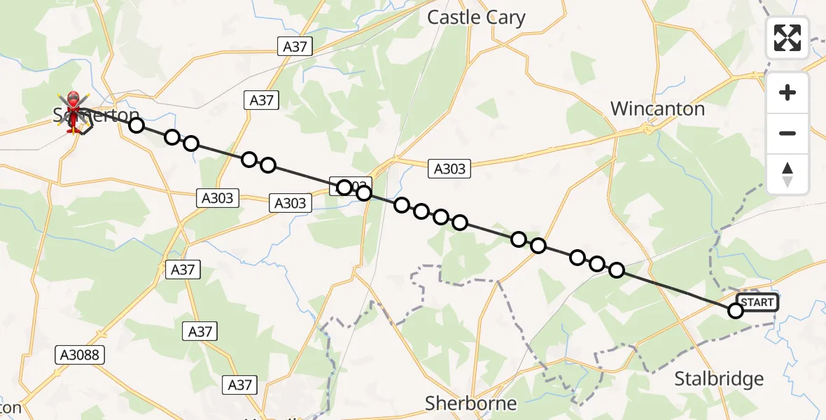 Flight route Air Ambulance Helicopter Henstridge Airfield - Somerton, 13 May 2026, 19:39